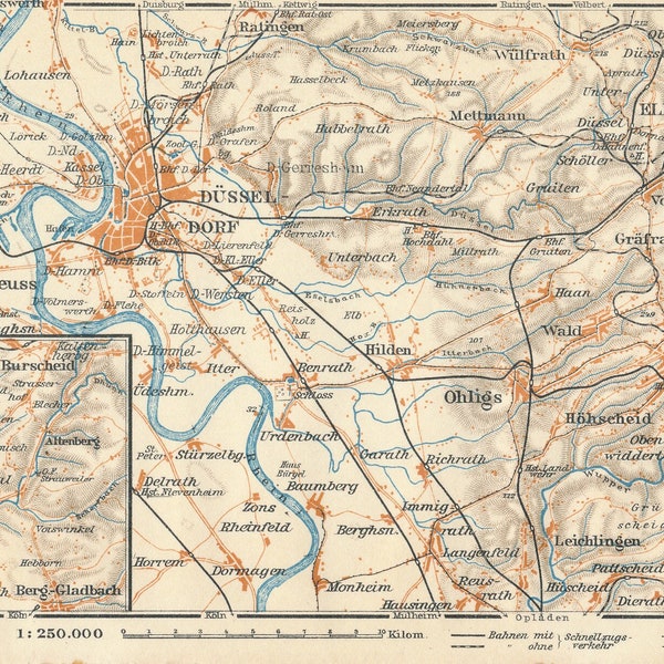 1926 Dusseldorf Germany Antique Map