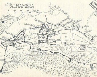 1964 The Alhambra, Granada Spain Vintage Map