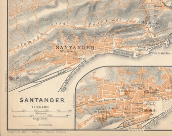 1913 Santander Spain Antique Map