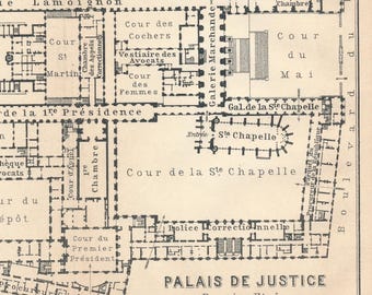 1907 Palais De Justice, Paris France Antique Map
