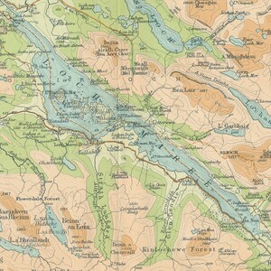 May include: A vintage map of the Scottish Highlands, featuring a detailed depiction of the terrain, rivers, and lakes. The map is printed in shades of green, blue, and brown, with contour lines indicating elevation. The map includes place names and geographical features, such as Loch Ness, Ben Nevis, and the Caledonian Canal.