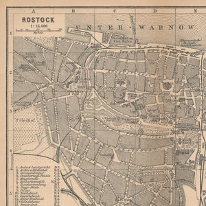 Mapa antiguo de Rostock, Alemania, 1904