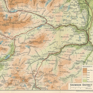 1908 Snowdon Mountain Region, Wales, Vereinigtes Königreich Antike Karte