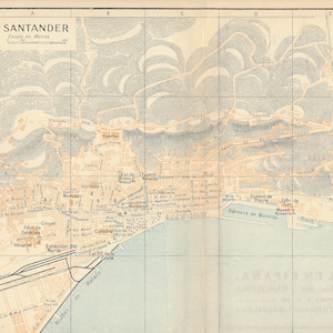 Mapa antiguo de Santander, España, 1925