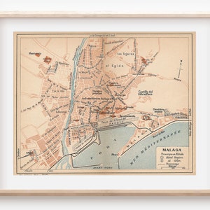 Mapa antiguo de Málaga, España, 1916