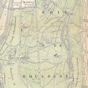 Mapa antigo de Bois de Boulogne Paris França de 1910