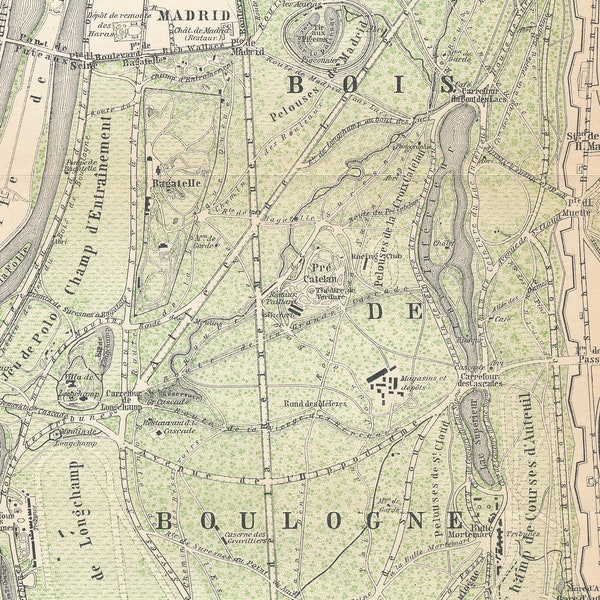 1910 Bois de Boulogne París Francia Mapa antiguo