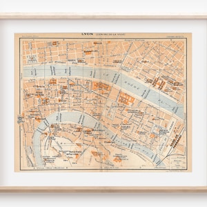 Mapa antiguo de Lyon, Francia, 1926