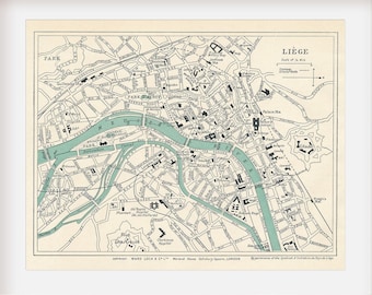 1930 Liege Belgium Antique Map