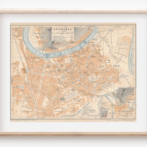 Mapa antiguo de Grenoble, Francia, 1914