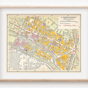 1950 Paris França 4º Arrondissement Hotel-de-Ville Mapa do bairro vintage