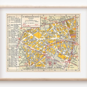 Mapa antiguo del barrio del Elíseo, distrito VIII de París, Francia, 1950