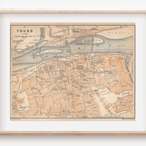 Mapa antiguo de Tours, Francia, 1909