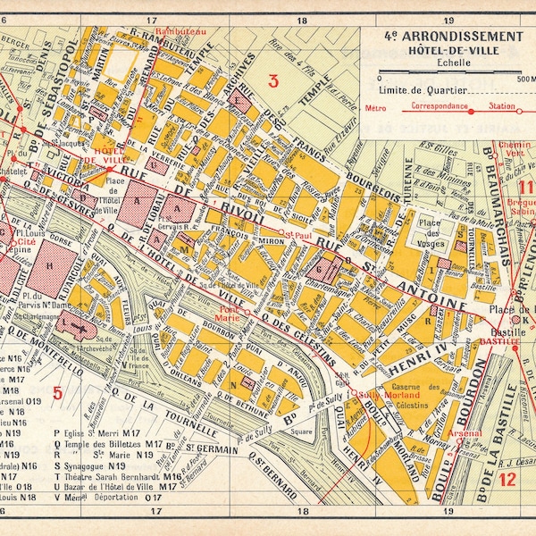 1950 Paris France 4th Arrondissement Hotel-de-Ville Vintage Neighborhood Map