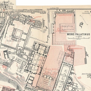Mapa antiguo de Roma, Italia, Monte Palatino, 1909