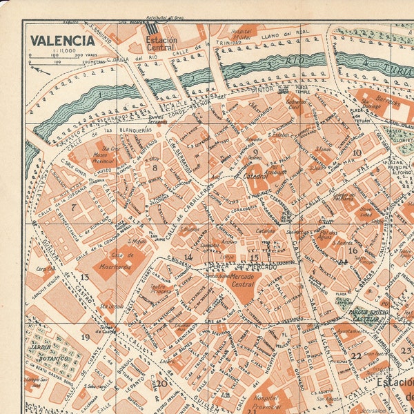 1930 Valencia España Mapa Antiguo