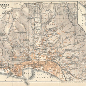 1914 Cannes, França, Mediterrâneo, Mapa Antigo da Riviera Francesa