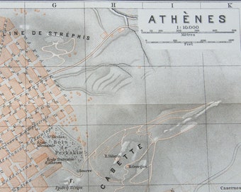 1909 Athens Greece Antique Map