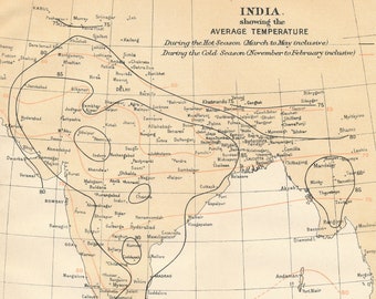 May include: A map of India showing the average temperature during the hot season (March to May) and the cold season (November to February). The map is divided into regions with different colors representing the average temperature in each region. The map also shows the major cities and towns in India.