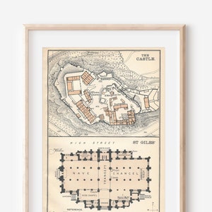 Mapa antiguo del Castillo de Edimburgo y la Catedral de St Giles, Escocia, 1908