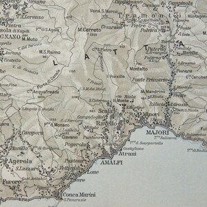 Mapa antiguo de Salerno, Positano, Amalfi y Costa de Amalfi, Italia, 1925