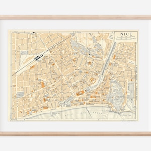 Mapa antiguo de Niza, Francia, 1954