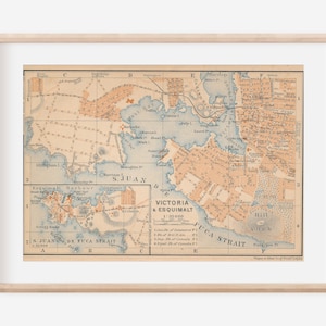May include: A framed vintage map of Victoria & Esquimalt and the surrounding area, with a detailed illustration in tan, blue, and white. The map includes text labels and lines, encased in a light-coloured wooden frame.