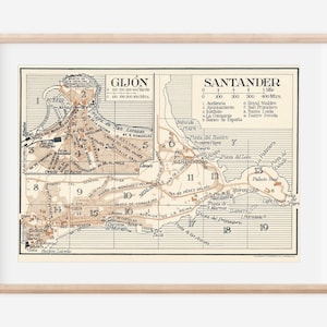 1958 Santander & Gijon Spain Antique Map