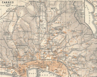 1914 Cannes, France, Mediterranean, French Riviera Antique Map