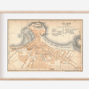 1913 Gijon Spain Antique Map