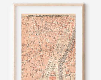 1907 Paris France Champs-Elysees Louvre Museum Area Antique Street Map