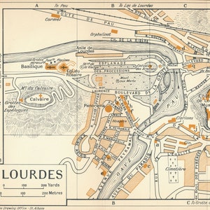 Mapa vintage de Lourdes França de 1954