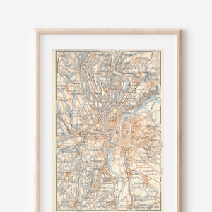 Mapa antigo de Lyon, França, 1914