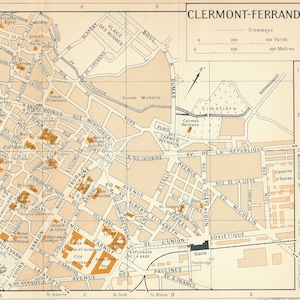 Mapa antiguo de Clermont-Ferrand, Francia, 1954