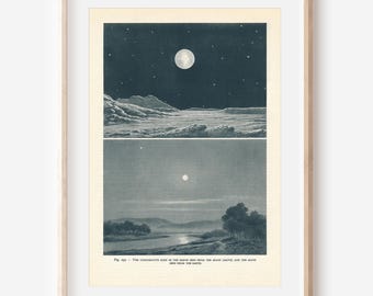 Lámina de astronomía antigua de 1959: Vista de la Tierra desde la Luna