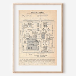 May include: A framed historical map print of Tenochtitlan featuring black ink lines on a light tan background. The diagram displays the layout of the ancient city, including temples, causeways, and text labels in English, enclosed in a light wood frame.