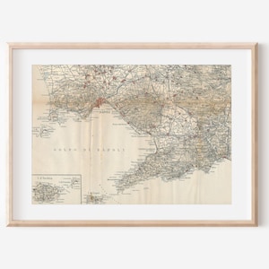 Mapa antiguo de la península de Sorrento, la costa de Amalfi, la isla de Capri y Nápoles, Italia, 1925