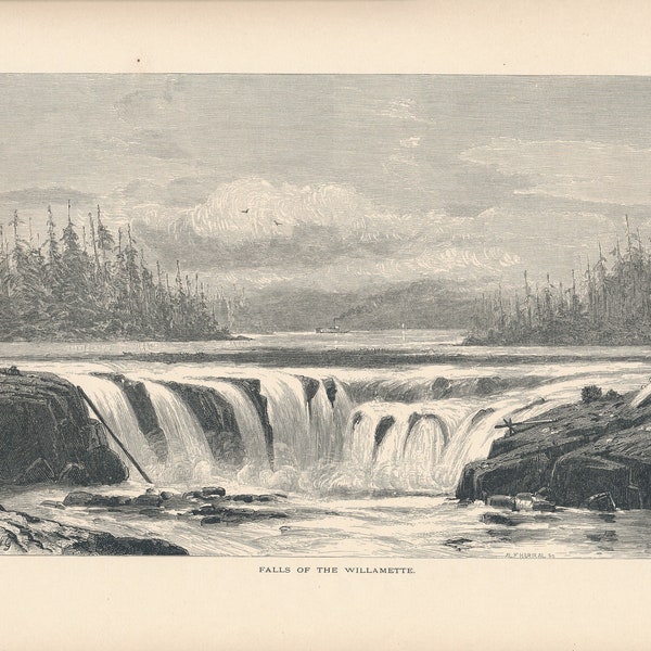 1872 Willamette Falls Willamette River Portland Oregon Antique Engraving Print