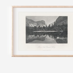 Grabado antiguo en acero raro del Parque Nacional Yosemite, California, Mirror Lake, 1872