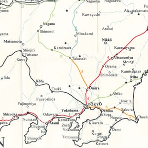 Mapa antiguo de los ferrocarriles del centro de Japón de 1974