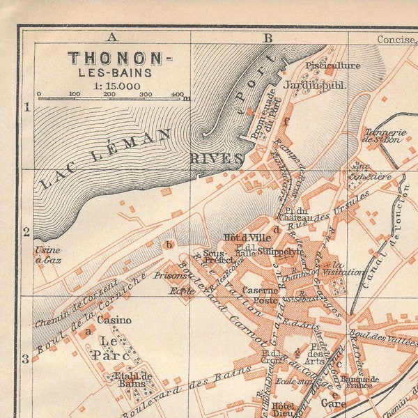 1914 Evian-Les-Bains & Thonon-Les-Bains France Antique Map