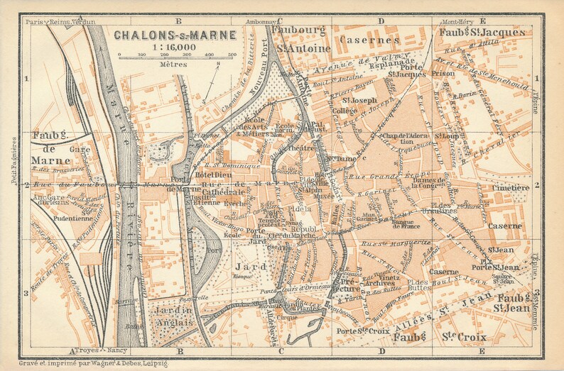 1909 Chalons-en-Champagne France Antique Map