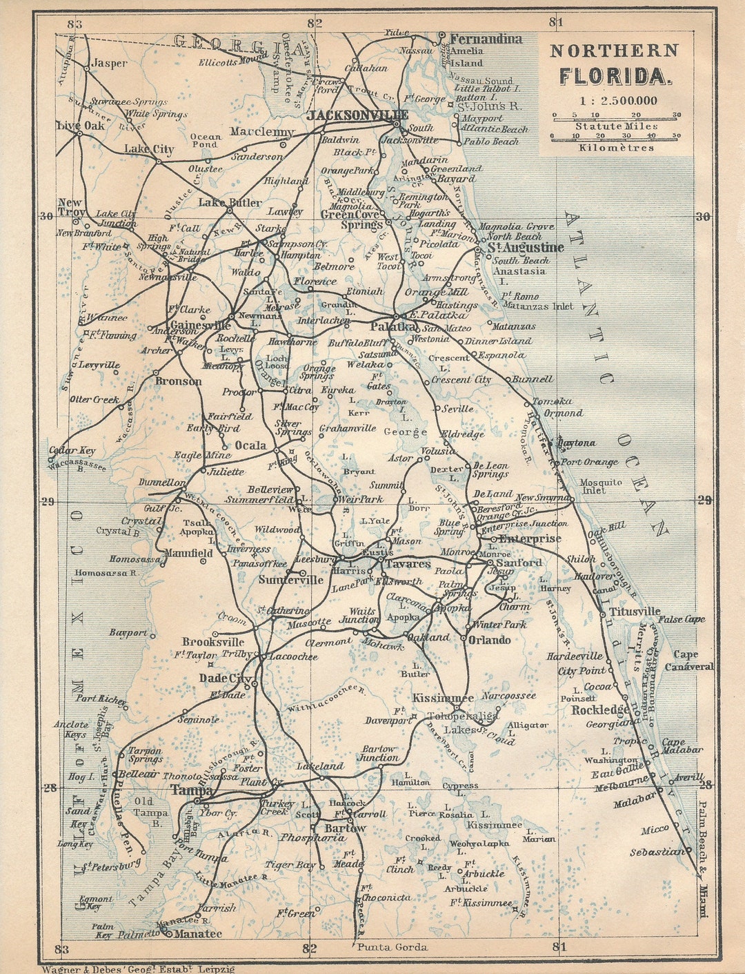 1904 Northern Florida From Jacksonville to Tampa Antique Map Etsy