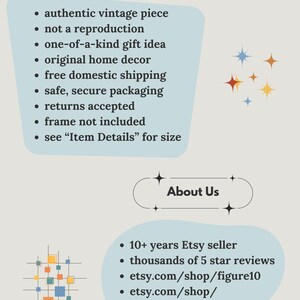 May include: A text-based graphic with a blue background and white text. The graphic lists information about an item, including that it is an authentic vintage piece, not a reproduction, and includes free domestic shipping. The graphic also lists information about the seller, including that they have been selling on Etsy for over 10 years and have thousands of 5-star reviews.
