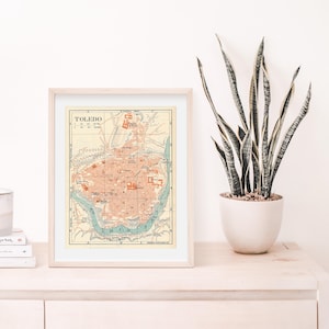 May include: A framed vintage map of Toledo, Spain, with a light brown frame and a white mat. The map is in shades of blue, green, and red, with the city's streets and landmarks labeled in black text. The title "TOLEDO" is printed in bold, black letters at the top of the map.
