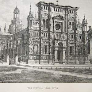 1877 Certosa di Pavia, Pavia Italy Antique Print