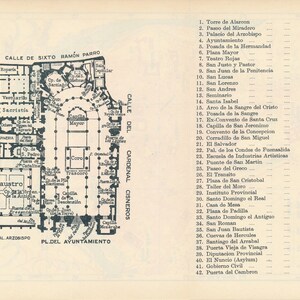 May include: A black and white line drawing of a church floor plan with labels for different rooms and areas. The floor plan is labeled with the names of the rooms and areas in Spanish. The floor plan is surrounded by a list of numbered locations with their names in Spanish.