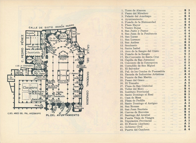 May include: A black and white line drawing of a church floor plan with labels for different rooms and areas. The floor plan is labeled with the names of the rooms and areas in Spanish. The floor plan is surrounded by a list of numbered locations with their names in Spanish.