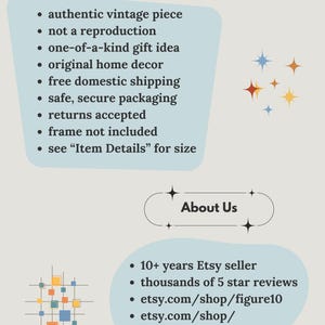May include: A text-based graphic with a blue background and white text. The graphic lists information about an item, including that it is an authentic vintage piece, not a reproduction, and includes free domestic shipping. The graphic also lists information about the seller, including that they have been selling on Etsy for over 10 years and have thousands of 5-star reviews.