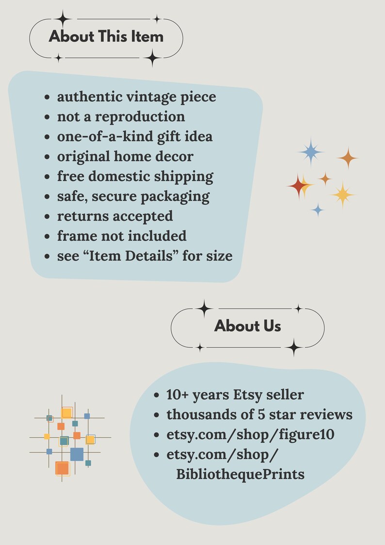 May include: A text-based graphic with a blue background and white text. The graphic lists information about an item, including that it is an authentic vintage piece, not a reproduction, and includes free domestic shipping. The graphic also lists information about the seller, including that they have been selling on Etsy for over 10 years and have thousands of 5-star reviews.